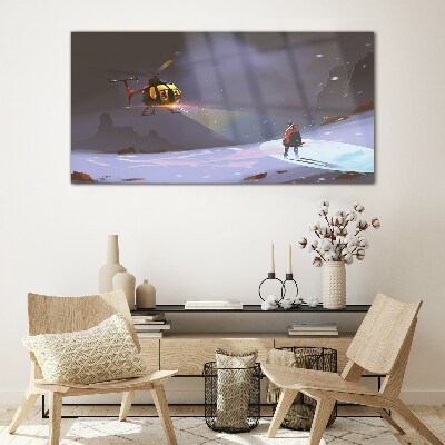 Tableau en verre Hélicoptère dans un paysage de montagne