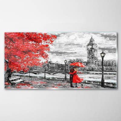 Tableau verre imprimé Parapluie rouge sous la pluie à Londres