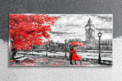 Tableau verre imprimé Parapluie rouge sous la pluie à Londres