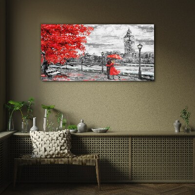 Tableau verre imprimé Parapluie rouge sous la pluie à Londres