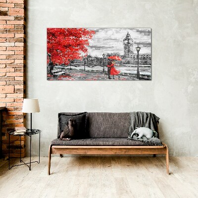 Tableau verre imprimé Parapluie rouge sous la pluie à Londres
