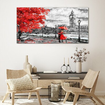 Tableau verre imprimé Parapluie rouge sous la pluie à Londres