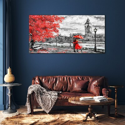 Tableau verre imprimé Parapluie rouge sous la pluie à Londres