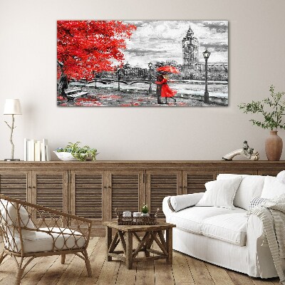 Tableau verre imprimé Parapluie rouge sous la pluie à Londres