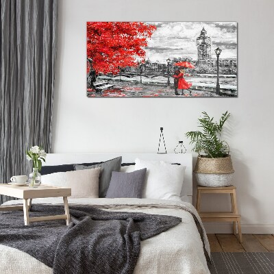 Tableau verre imprimé Parapluie rouge sous la pluie à Londres