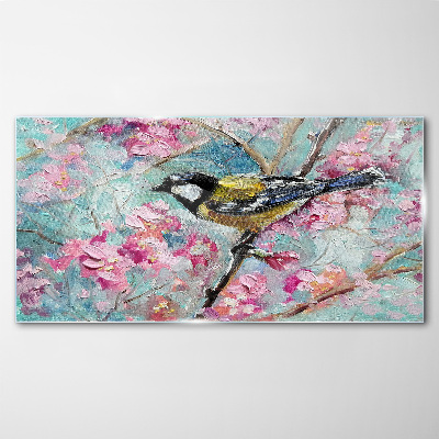 Tableau en verre Chant d'oiseau printanier sur une branche