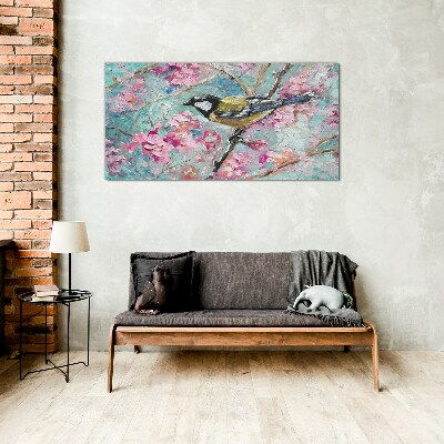 Tableau en verre Chant d'oiseau printanier sur une branche