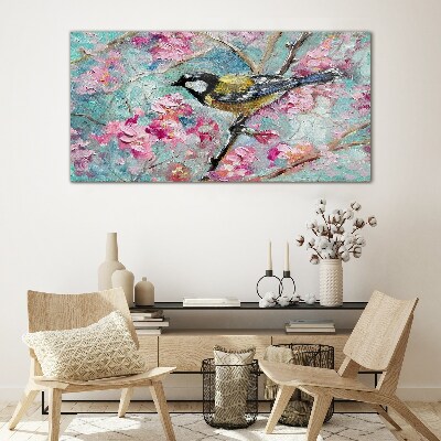 Tableau en verre Chant d'oiseau printanier sur une branche