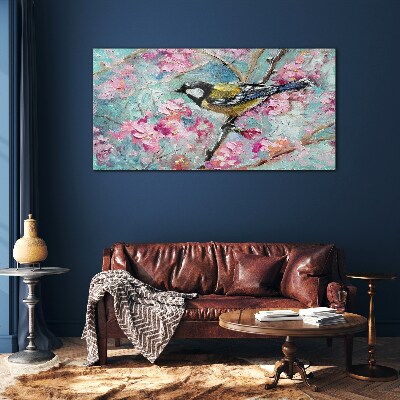 Tableau en verre Chant d'oiseau printanier sur une branche