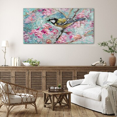 Tableau en verre Chant d'oiseau printanier sur une branche