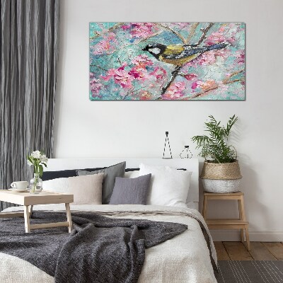 Tableau en verre Chant d'oiseau printanier sur une branche