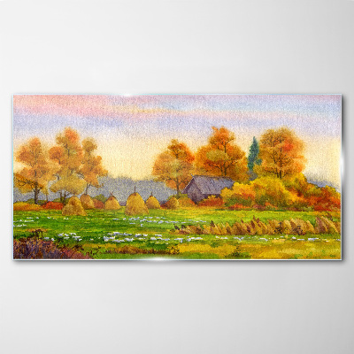 Tableau sur verre Village d'automne avec un verger et des meules