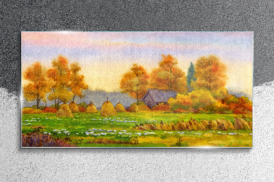 Tableau sur verre Village d'automne avec un verger et des meules