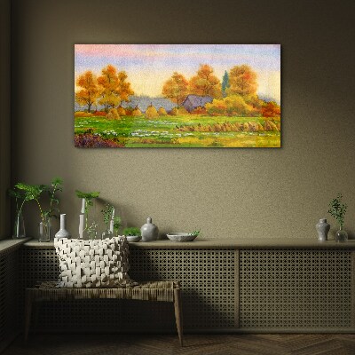 Tableau sur verre Village d'automne avec un verger et des meules