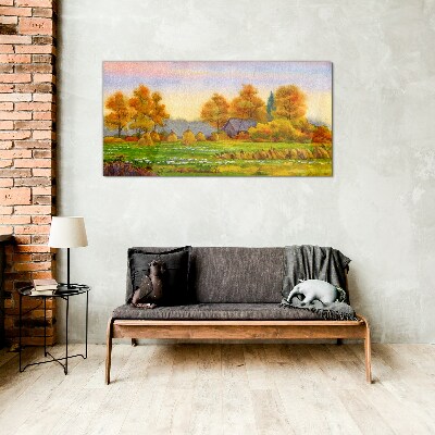 Tableau sur verre Village d'automne avec un verger et des meules