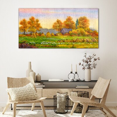 Tableau sur verre Village d'automne avec un verger et des meules