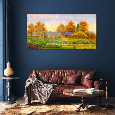 Tableau sur verre Village d'automne avec un verger et des meules