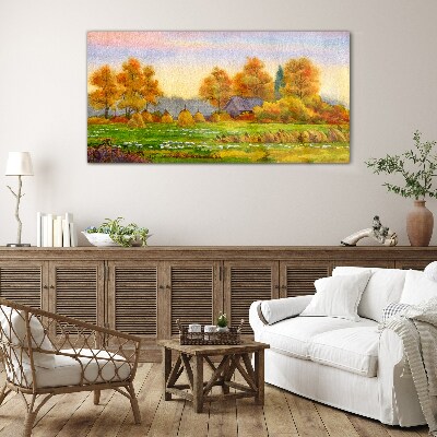 Tableau sur verre Village d'automne avec un verger et des meules