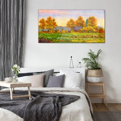 Tableau sur verre Village d'automne avec un verger et des meules
