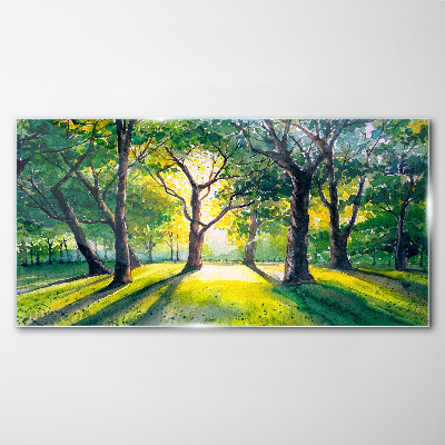 Tableau sur verre Rayons dorés dans le bosquet de la forêt