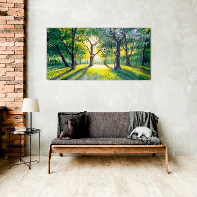 Tableau sur verre Rayons dorés dans le bosquet de la forêt