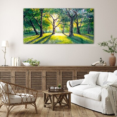 Tableau sur verre Rayons dorés dans le bosquet de la forêt