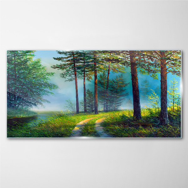 Tableau imprimé sur verre Chemin forestier dans le brouillard matinal
