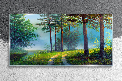 Tableau imprimé sur verre Chemin forestier dans le brouillard matinal