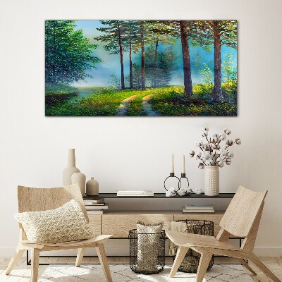 Tableau imprimé sur verre Chemin forestier dans le brouillard matinal