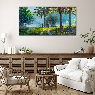 Tableau imprimé sur verre Chemin forestier dans le brouillard matinal