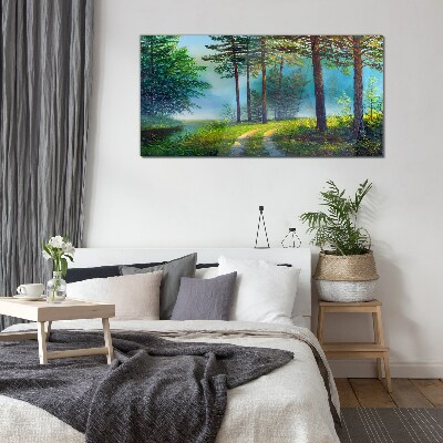 Tableau imprimé sur verre Chemin forestier dans le brouillard matinal