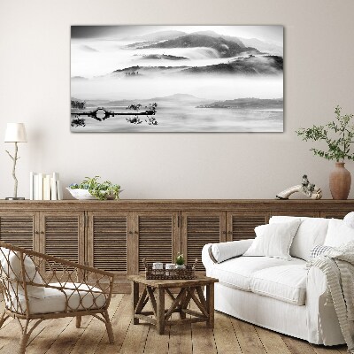 Tableau en verre Panorama de montagne brumeux