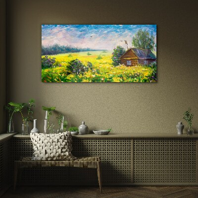 Tableau sur verre Paysages d'été avec un chalet dans le champ