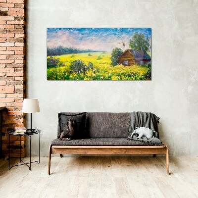 Tableau sur verre Paysages d'été avec un chalet dans le champ