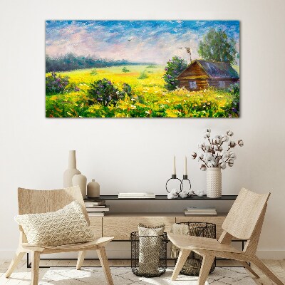 Tableau sur verre Paysages d'été avec un chalet dans le champ