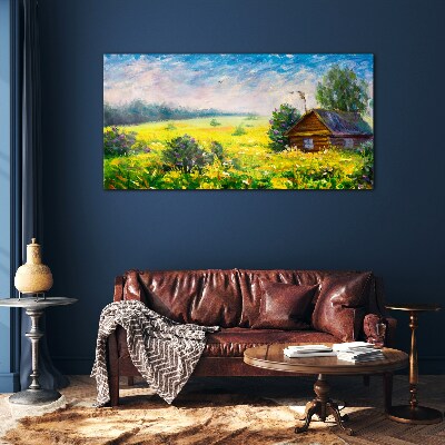 Tableau sur verre Paysages d'été avec un chalet dans le champ