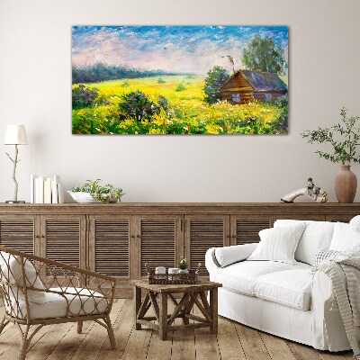 Tableau sur verre Paysages d'été avec un chalet dans le champ