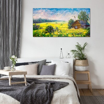 Tableau sur verre Paysages d'été avec un chalet dans le champ