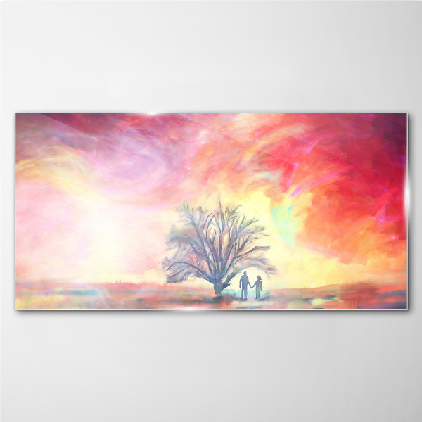 Tableau en verre Coucher de soleil romantique sous l'arbre