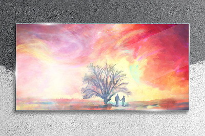 Tableau en verre Coucher de soleil romantique sous l'arbre