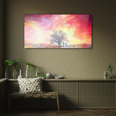 Tableau en verre Coucher de soleil romantique sous l'arbre
