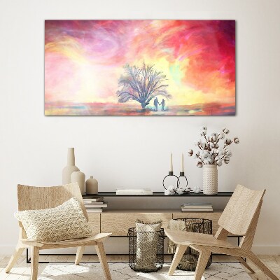 Tableau en verre Coucher de soleil romantique sous l'arbre