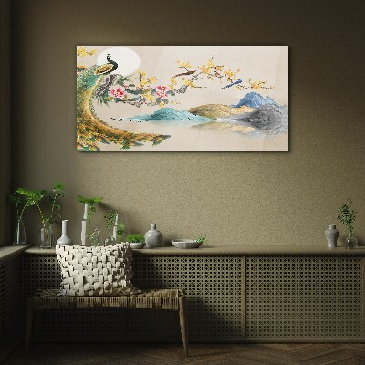 Tableau en verre Paon dans un paysage fleuri