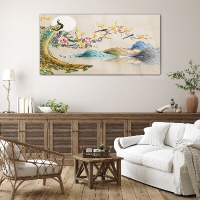 Tableau en verre Paon dans un paysage fleuri