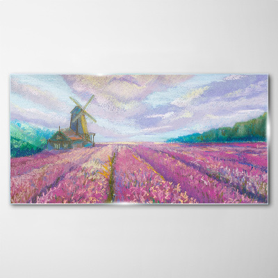 Tableau sur verre Paysage floral avec un moulin à vent
