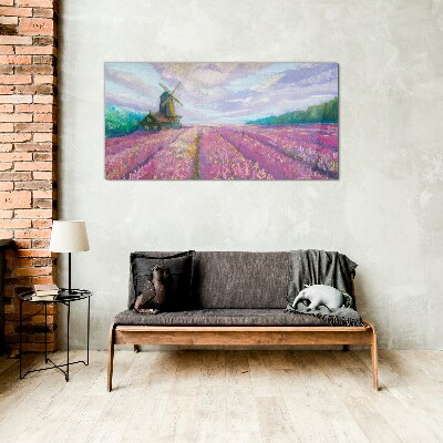 Tableau sur verre Paysage floral avec un moulin à vent