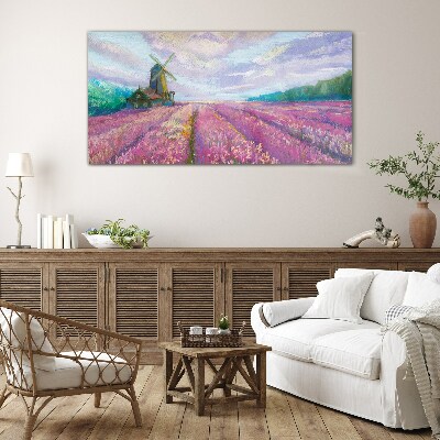 Tableau sur verre Paysage floral avec un moulin à vent