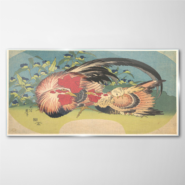 Tableau verre imprimé Coq et poulet dans le jardin
