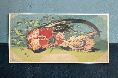 Tableau verre imprimé Coq et poulet dans le jardin
