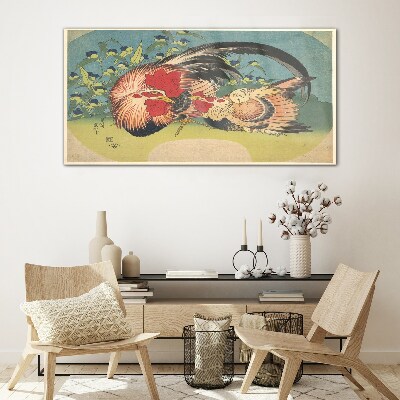 Tableau verre imprimé Coq et poulet dans le jardin